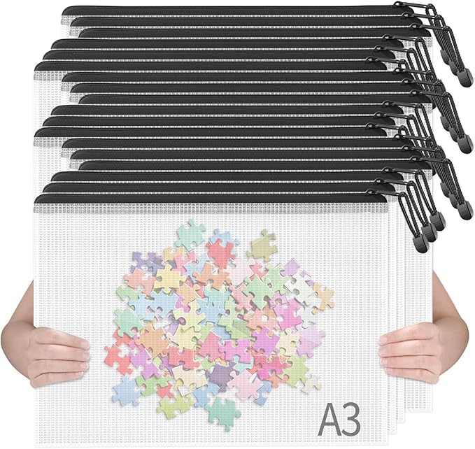 SUNEE 18pcs Plastic Mesh Zipper Pouch, A3, Extra Large, 16x11 in, Water-Resistant Zip Bag for School Office Supplies, Puzzles & Games Organizing Storage (Black, 18 Pack)