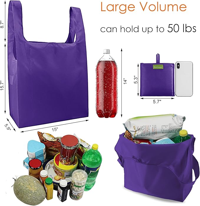 BeeGreen Purple Reusable Grocery Bags Wholesale Purple Reusable Kitchen Bags Bulk Foldable-Machine Washable with Zipper Storage Pouch 50 Packs
