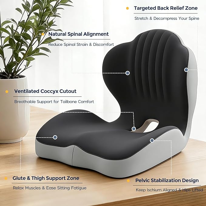 Seat Cushion for Office Chair Car, L-Shaped Ergonomic Seat Cushions,Memory Foam Orthopedic Cushion with Coccyx Hollow,Lumbar Support & Tailbone Pain Relief for Car, Truck, Home,Dark Gray & Light Gray
