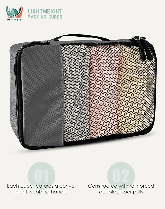 4-Piece Packing Cubes Travel Accessories Set for Suitcases - Luggage Organizer Bags with Double Zipper - Mesh Top - Medium - Dark Grey