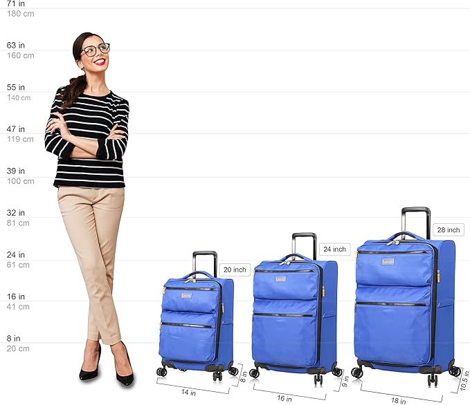 LUCAS Designer Luggage Collection - 3 Piece Softside Expandable Ultra Lightweight Spinner Suitcase Set - Travel Set includes 20 Inch Carry On, 24 Inch & 28 Inch Checked Suitcases (Royal Blue)
