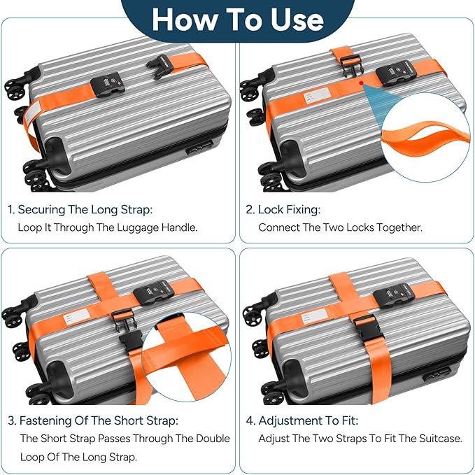 Travel Inspira Luggage Straps with TSA Lock, TSA Approved Suitcase Belt, Heavy Duty Adjustable Cross Design for Added Security, High-Visibility Orange Travel Accessory with ID Tag for 20-32" Bag