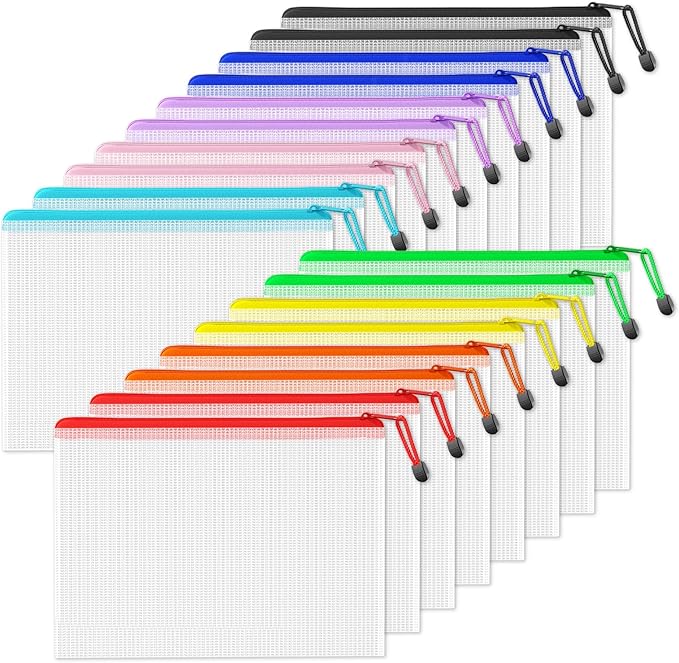 SUNEE Plastic Mesh Zipper Pouch 11x15 in (9 Colors, 18 Packs),Extra Large Water-Resistant Zip Bag for School Office Supplies, Puzzles & Games Organizing Storage
