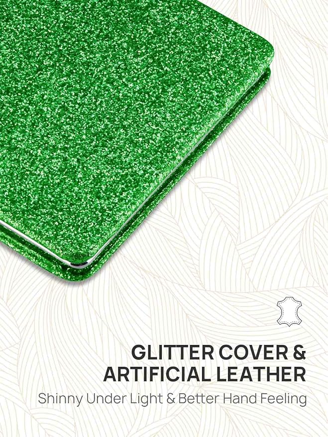 OMIRO Compact Mirror, Glitter PU Leather 1X/3X Magnification, Ultra Portable for Purses, 2.4" W x 3.4" L (Green)