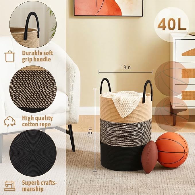 Laundry Basket,Woven Cotton Rope Laundry Hamper,40L for Decorative Storage of Dirty Clothes,Toys and Blankets in Bathroom,Bedroom and Living Room