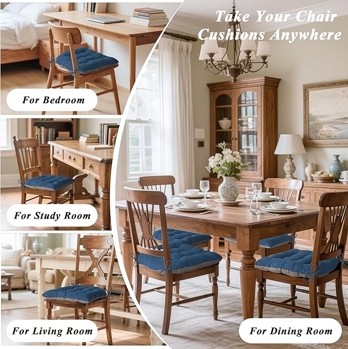 Chair Cushions for Dining Chairs Set of 4 Durable D-Shaped Seat Cushions with Non-Slip Backing Secure Ties Thick Cozy Seat Pad for Kitchen Dining Room Office(18x16.5x3in Navy)
