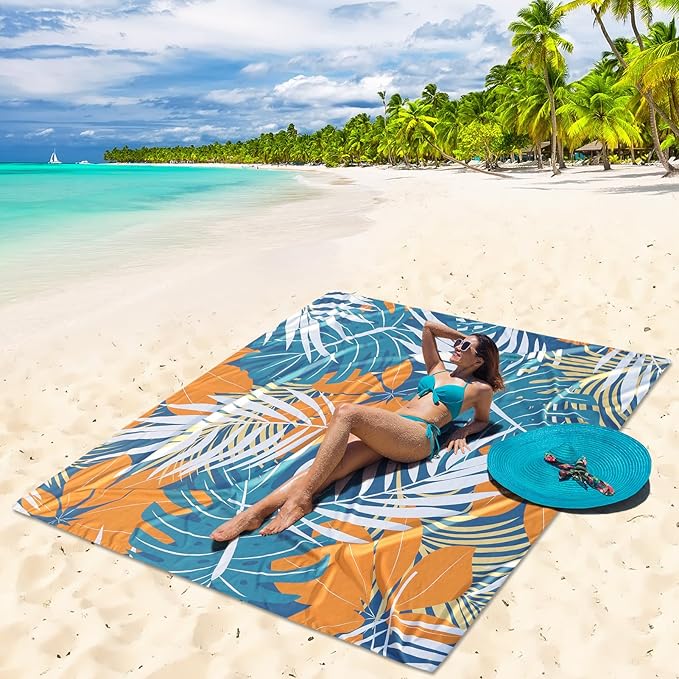 Beach Blanket Sandproof Extra Large Beach Mat Adults Waterproof Quick Drying Sand Free Mat with 4 Stakes & 4 Corner Pockets for Outdoor Travel Camping Hiking Black 79" X 83"
