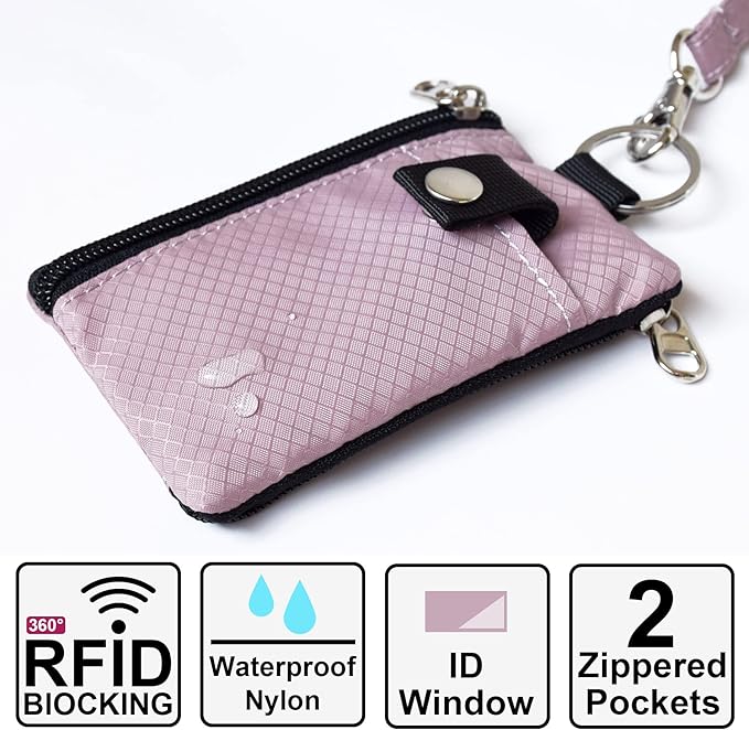 CHENSPRX Minimalist RFID Blocking Small Wallet with ID Window,WaterResistant Zip Id Case Wallet with Lanyard Keychain for Cards,Cash,Travel,Women,Men