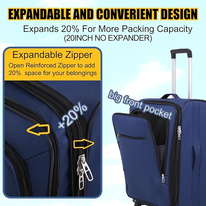 3pcs Set Softside Luggage Sets With Spinner Wheels, Expandable Softshell Suitcase Set with front pocket, 28inch, 24inch, 20inch Lightweight fabric luggage(BLUE)