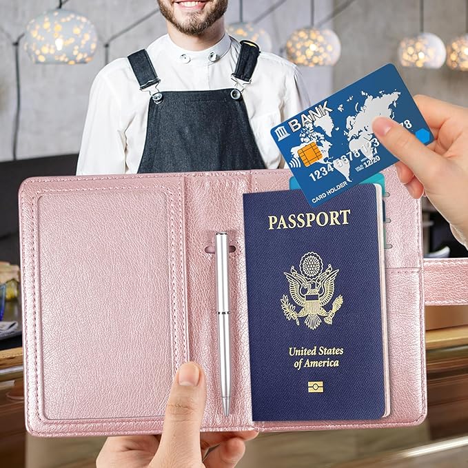 ACdream Passport and Vaccine Card Holder Combo, Cover Case with CDC Vaccination Card Slot, Leather Travel Documents Organizer Protector, with RFID Blocking, for Women and Men, Rose Gold