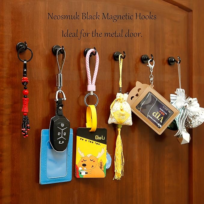 Neosmuk Black Magnetic Hooks,Heavy Duty Earth Magnets with Hook for Refrigerator, Extra Strong Cruise Hook for Hanging, Magnetic Hanger for Cabins, Grill (Matte Black, 6 Pack)