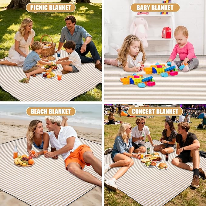 G GOOD GAIN Waterproof Picnic Blanket, 79"x79" Extra Large Beach Mat for 6 to 8 Adults, Machine Washable Outdoor Blanket for Camping, Grass, Park, Camping, Concerts, MiddleSand