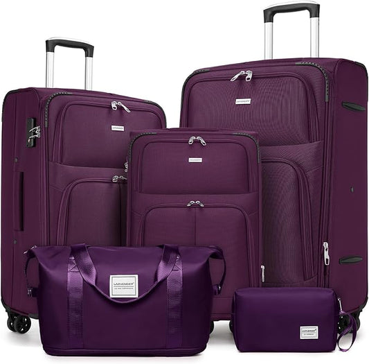 LARVENDER Softside Luggage Sets 5 Piece Expandable Suitcases Set with Spinner Wheels TSA Lock, Lightweight Soft Shell Rolling Travel Luggage Set for Men and Women, Purple