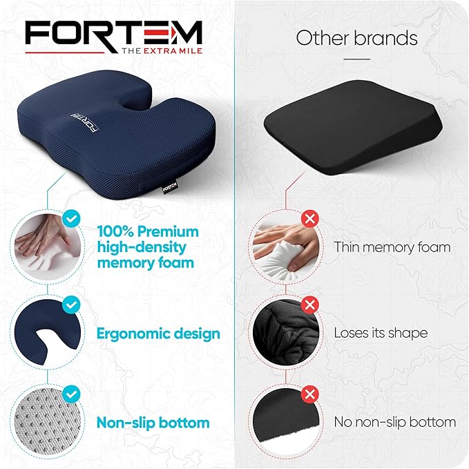 FORTEM Seat Cushion, Office Chair Cushion, Desk Chair Memory Foam, Sciatica Coccyx Tailbone Pain Relief, Pressure Relief, Sitting Pad, for Long Gaming & Sitting, Washable Cover, Non Slip, XL
