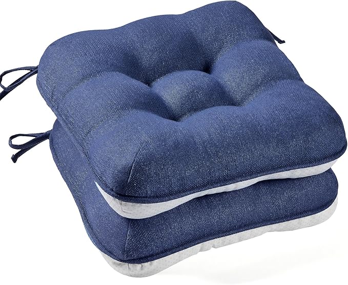 BETU Chair Cushions for Dining Chairs Set of 2,3.5" Thick Kitchen Table Chair Pads with Ties,Non Slip Backing and Covers, Seat Cushion for Dining Room,Bar,Patio Chairs,16"X16"X3.5",Navy Blue