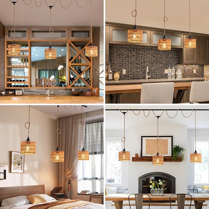 3-Light Hanging Light with Plug in Cord,Plug in Pendant Light 22ft Hemp Rope Pendant Lighting Vintage 3-Light Hanging Lamp Fixtures for Kitchen Island Living Room Bedroom