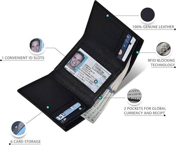 Real Leather Mens Trifold Wallet RFID Blocking Slim Minimalist Front Pocket - Thin & Stylish with ID Window in Gift Box
