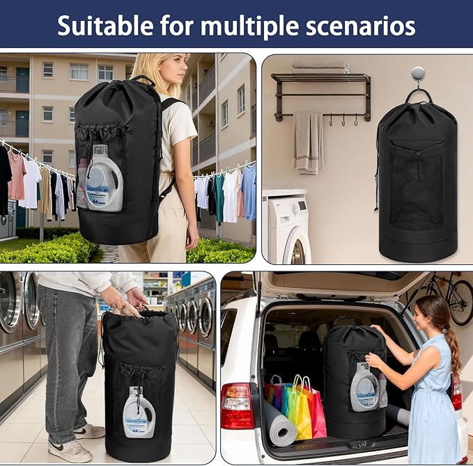 150L Laundry Bag Backpack with 3 Sizes Mesh Wash Bags and Shoulder Straps Foldable Clothes Hamper Bag with Drawstring Closure for College, Apartment, Laundromat (Black)