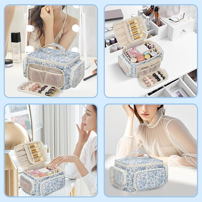 Makeup Bag with Multi-Pockets,Travel Cosmetic Bag with 2 Transparent Side Pockets for Easy Small Item Finding, Enlarged Internal Compartments, Large Capacity Waterproof Bottom Makeup Organizer -Floral