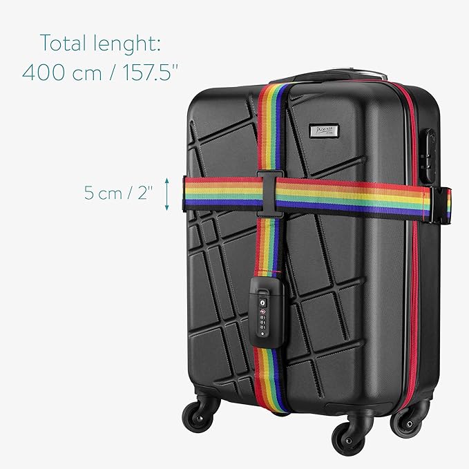 Navaris TSA Luggage Strap - Secure Adjustable Strap for Suitcases with Combination Lock - Lockable Cross Case Travel Belt for Luggage with ID Tag