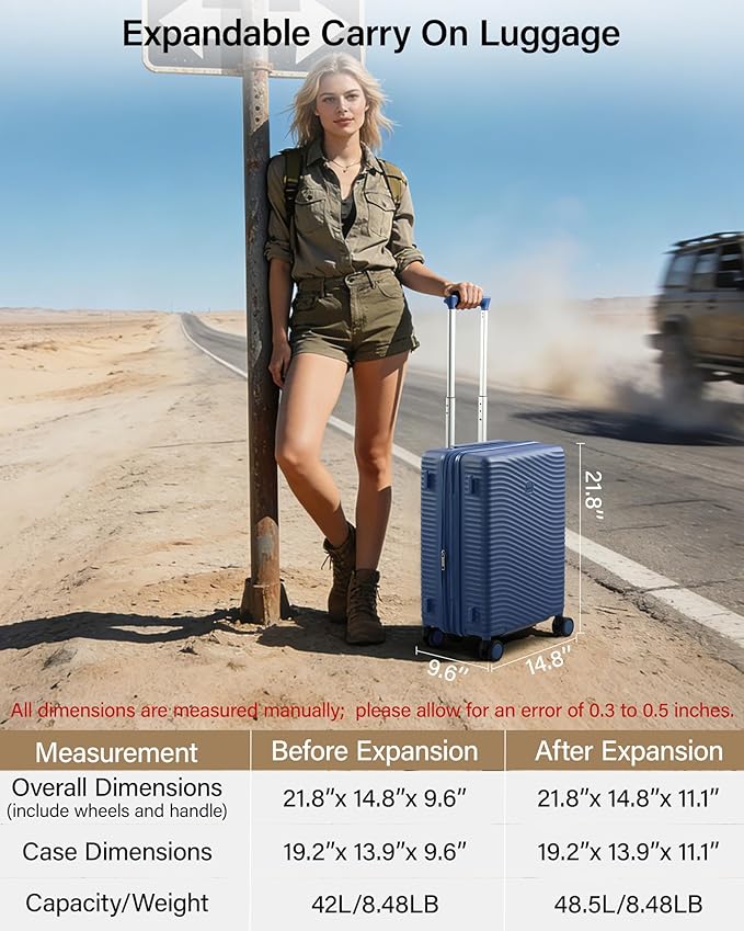 MILADA Expandable Carry On Luggage 20 Inch - Airline Approved Hardshell Suitcase with 8 Spinner Wheels, TSA Lock, Water-Resistant PC Shell, Lightweight & Durable for Travel, Interstellar Blue