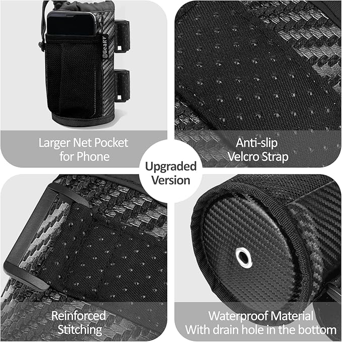 GEARV 2Pack Cup Holder for Bike, Scooter and Wheelchair, Water Bottle Holder for UTV/ATV, Walker, Golf Cart and Beach, Universal Drink Holder Accessories with Net Pocket and Cord Lock (Carbon Fiber)