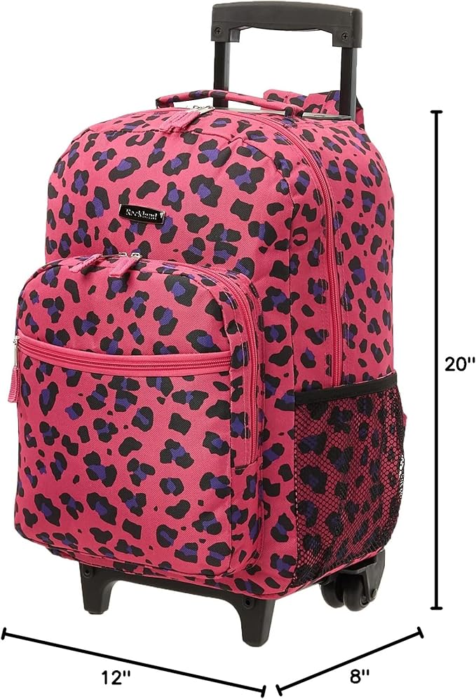 Rockland Double Handle Rolling Backpack, Magenta Leopard, 17"
