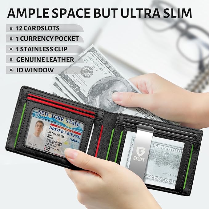 GSOIAX Slim Wallet for Men Rfid Blocking Leather Bifold Front Pocket Carbon Fiber Credit Card Holder Novelty Wallets With Gift Box (Black-money clip)
