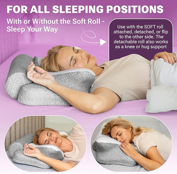 3-in-1 Orthopedic Pillow, Cervical Neck Pillow for Sleeping, Adjustable Height Memory Foam Neck Pillow and Detachable Roll, Contour Pillow for Neck Pain Relief for All Sleeping Positions (White)