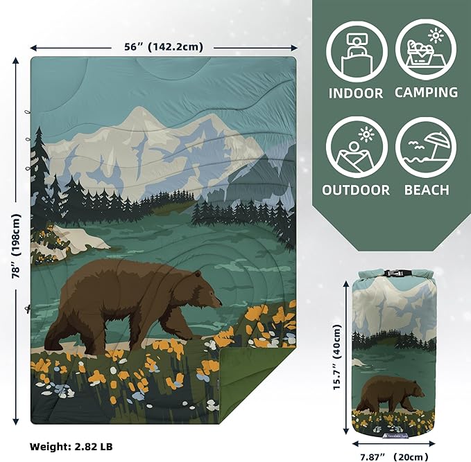 Camping Blanket Puffy - Outdoor Stadium Blanket Wearable, Lightweight, Packable, Machine Washable Camping Quilt for Traveling, Picnic, Beach, Party 78"x 56" (Haze Blue)