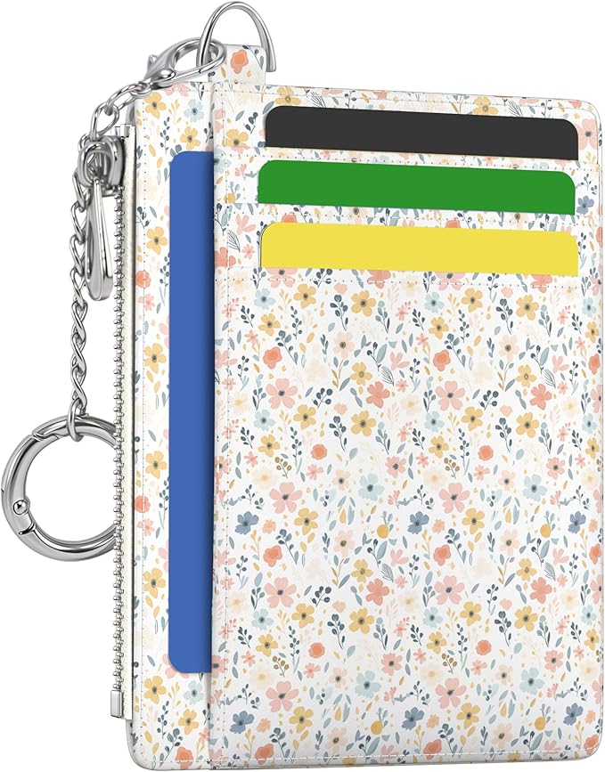 Hancynir White Floral Flower Small Wallet Women Credit Card Holder, Cute Slim RFID Blocking Keychain Card Wallets, Mini Front Pocket PU Leather Travel Zipper Coin Cash Ladies Wallet Organizer Gifts