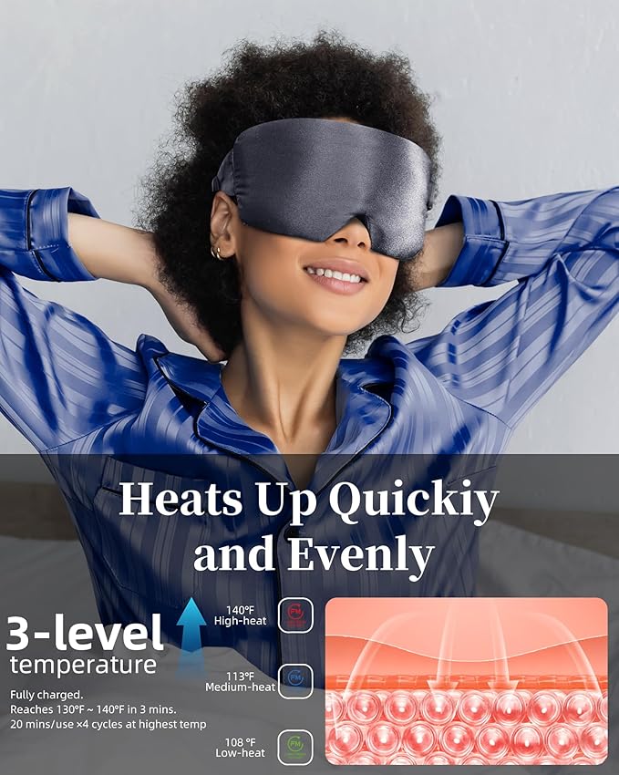 Heated Eye Mask for Dry Eyes: Silk Cordless Eye Warmer Compress for Dry Eyes - Eye Heating Pad for Stye Treatment Headache Tired Eyes Relief - Washable Rechargeable Electric Heat Sleep Masks