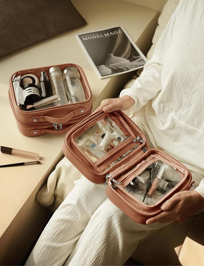 Clear Cosmetic Bag Double Layer Travel Toiletry Bag Clear Makeup Bag Case with 4 Compartments, Transparent Travel Bag for Toiletries, Large Toiletry Bag for Women Cosmetic Case (Brown, Small)
