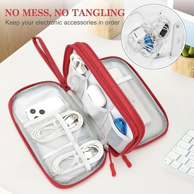 FYY Electronic Organizer, Travel Cable Organizer Bag Pouch Electronic Accessories Carry Case Portable Waterproof Double Layers Storage Bag for Cable, Cord, Charger, Phone, Earphone, Medium Size, Red