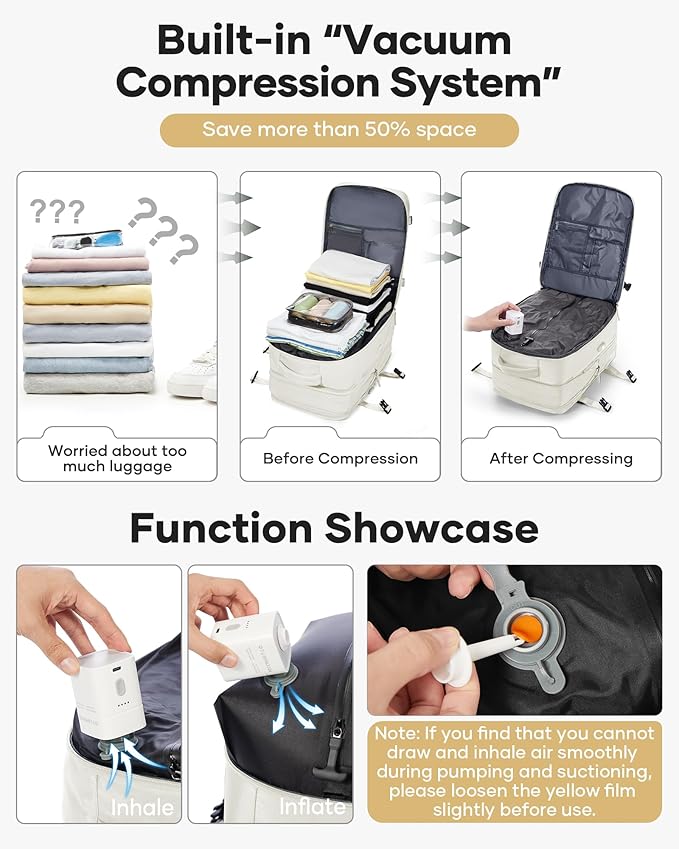 VECAVE Vacuum Backpack Travel with Pump, Expandable Personal Item Carry on Backpacks for Women Men, Laptop Waterproof Work Compression bags with USB Casual Daypack Beige