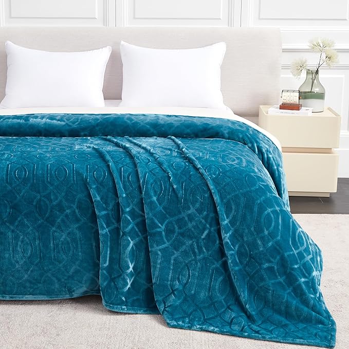 Soft Cozy Fleece Queen Size Blanket, 90x90 Inches – Lightweight Plush Blanket for Bed, Fuzzy 3D Jacquard Design - Teal