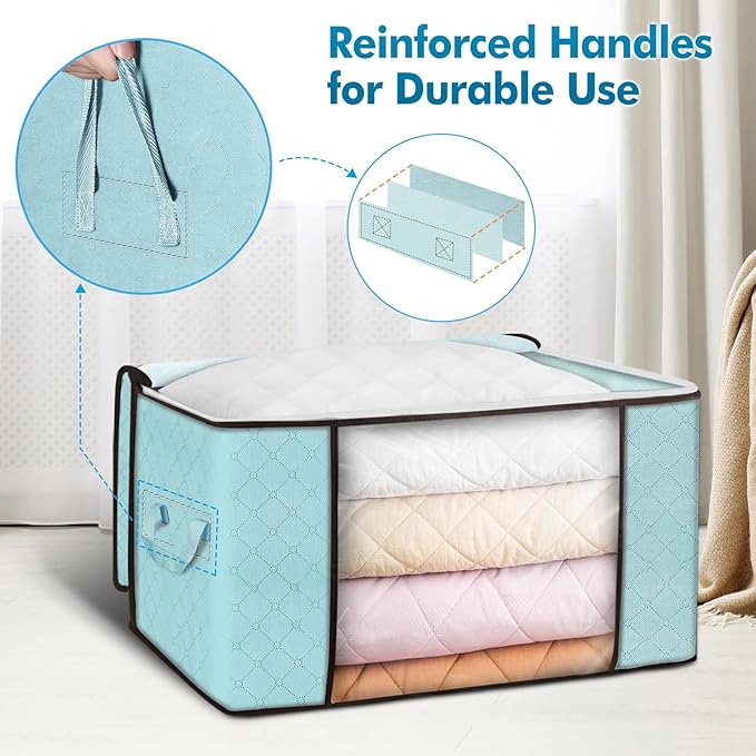 Budding Joy 90L Large Storage Bags, 8 Pack Clothes Storage Bins Foldable Closet Organizer Storage Containers with Durable Handles Storage and Organization, Blanket, Pillows and Toys (Blue)