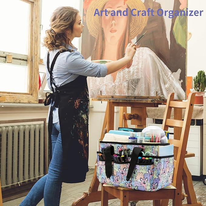 Craft Organizer Tote Bag, Art Organizer, Craft Caddy with Multiple Pockets, Storage Bag for Sewing Tools, Art Supplies, Home and Office (Cat Print)