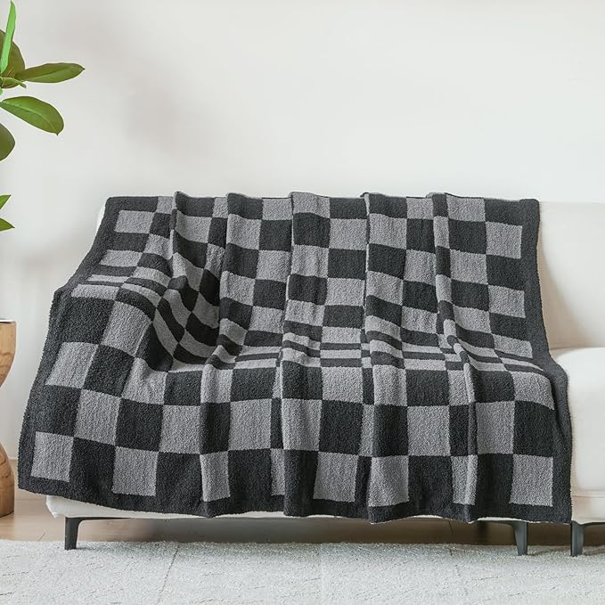 Checkered Blanket, Cozy Soft Throw Blankets for Couch Bed, Fluffy Plaid Lightweight Comfy Travel Picnic Blanket Gifts for Sofa Chair Living Room Camping (Black&Grey, Throw 50"x60")