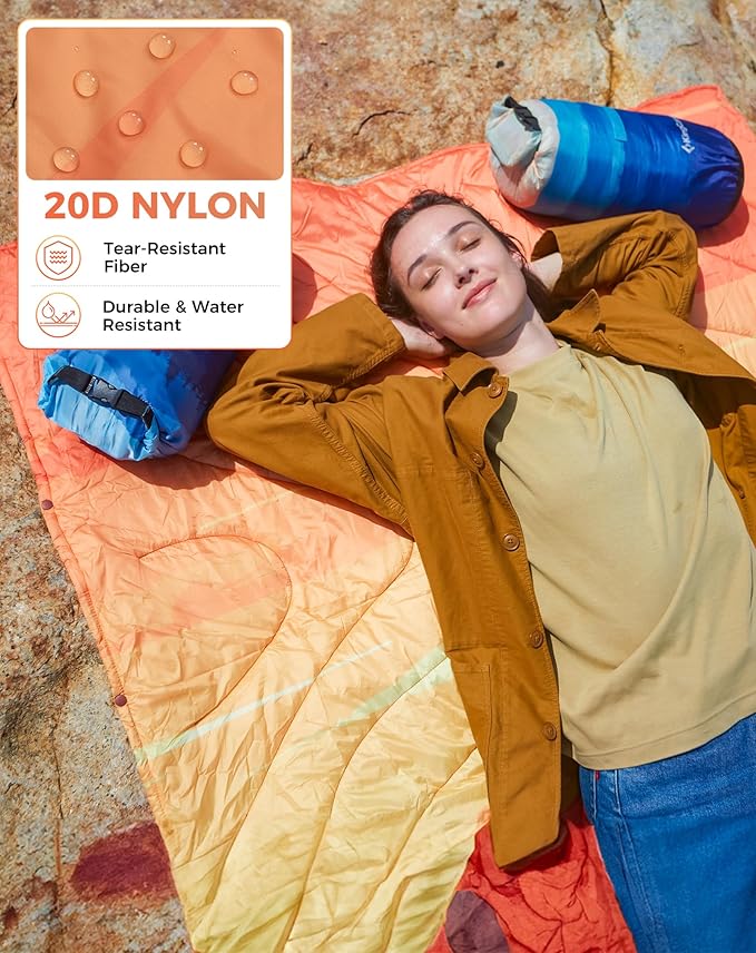 KingCamp Ultralight Camping Blanket, Packable Down Alternative Puffy Printed Wearable Blanket with Snap Buttons & Corner Loops Weatherproof Quilt for Outdoor Travel Stadium (78.7" x 57.1", Cactus)