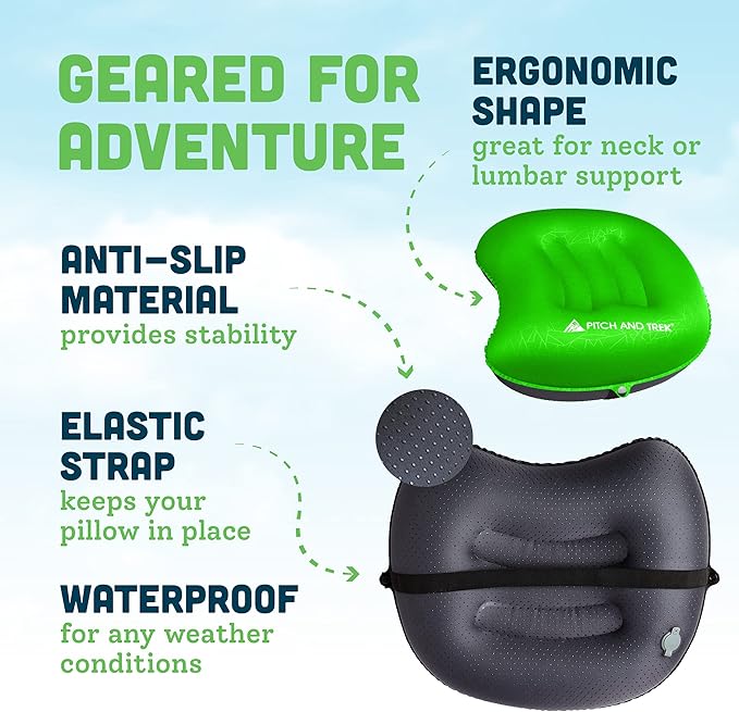Pitch and Trek Camping Pillow with Removable Cover, Ultralight Portable Compact Inflatable Pillow for Neck Lumbar Support, Compressible Pillow for Hiking, Beach, Hammock, and Backpacking Gear