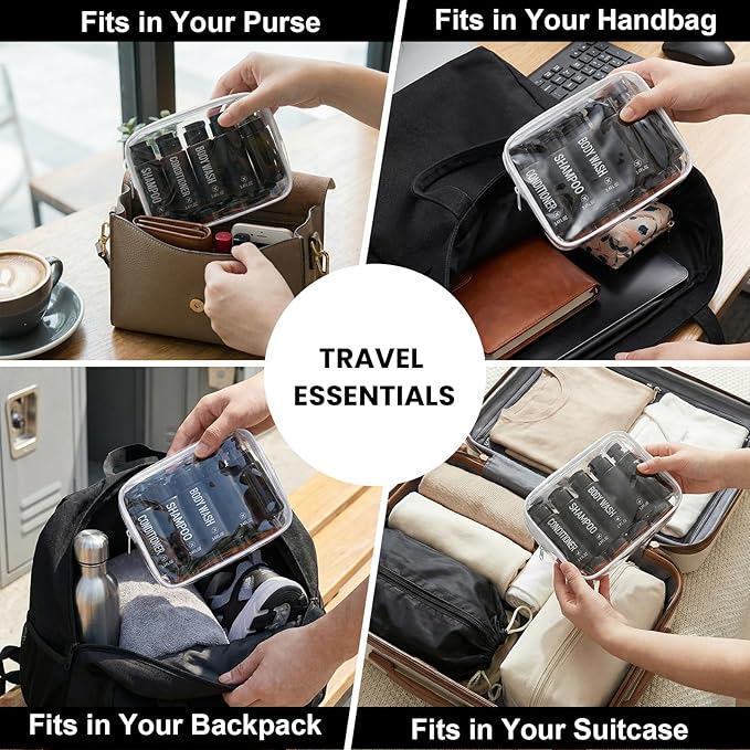 Travel Bottles for Toiletries 14PCS 3.4oz Pre-Printed Shampoo, Conditioner, Body Wash TSA Approved 2oz Travel Spray Bottle Leak Proof Plastic Cream Jars Refillable Lotion Containers(Black)
