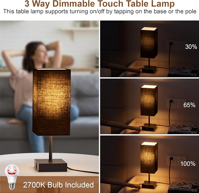 Touch Bedside Table Lamp for Bedroom, 14-Inch, Black, Set of 2 | USB A+C Ports, Touch 3-Way Dimmable LED Bulb Included Fabric Lampshade Metal Base Small Nightstand Lamp for Desk Living Room