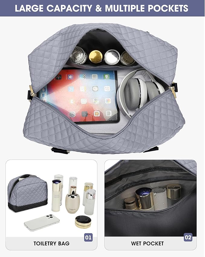 Weekender Bags for Women Travel Bag- Duffle Bags with Shoe Compartment Large Carry On Overnight Bag with Toiletry Bag & Wet Pocket for Women Labor Delivery Grey Black