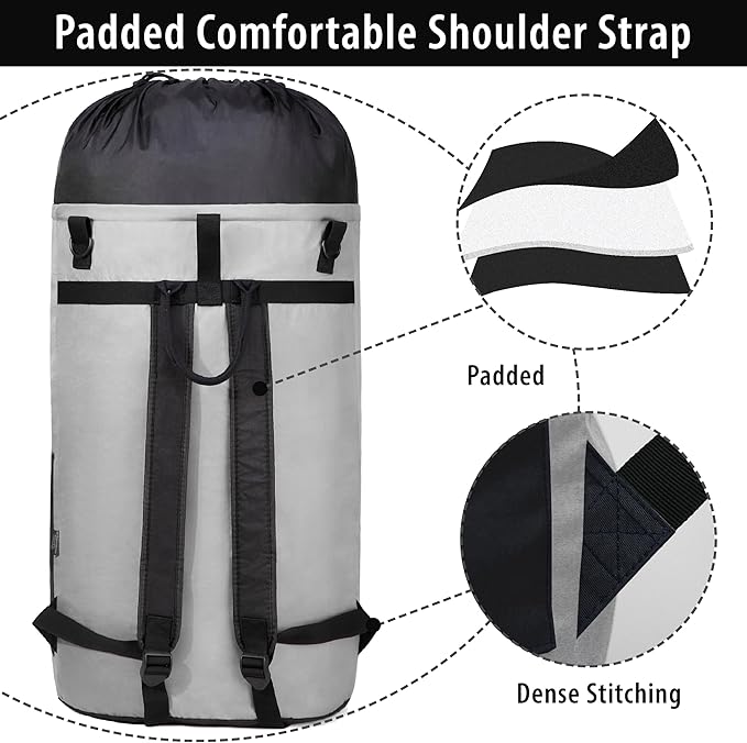 BeeGreen Grey-Black-Laundry-Bag-Backpack-Extra-Large-Heavy-Duty, 125L Portable Travel Laundry Backpack with Shoulder Straps & Extendable Clothes Hamper Bag 3 Pockets College Dorm Apartment Essentials