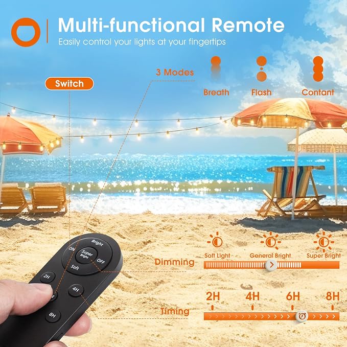 addlon 200FT(192+8) Solar String Lights Outdoor, Last 20+ Hrs, USB Charging | IP65 Waterproof. Dimmable Timer via Remote. Memory, 3 Modes, 2700K Warm White. Easy Install for Patio, Porch. 4-Pack*50FT.