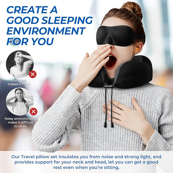 Travel Pillow, 2 Pack Travel Pillows for Sleeping Airplane, Neck Pillow Airplane, Memory Foam Neck Pillow Set with Eye Mask, Earplugs and Storage Bag -Black & Pink