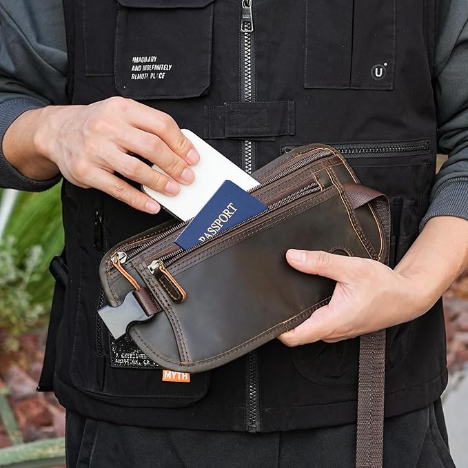 Polare Full Grain Leather Money Belt Hidden Passport Holder Wallet Travel Pouch with AirTag Slot Slim RFID Blocking Undercover Waist Bag