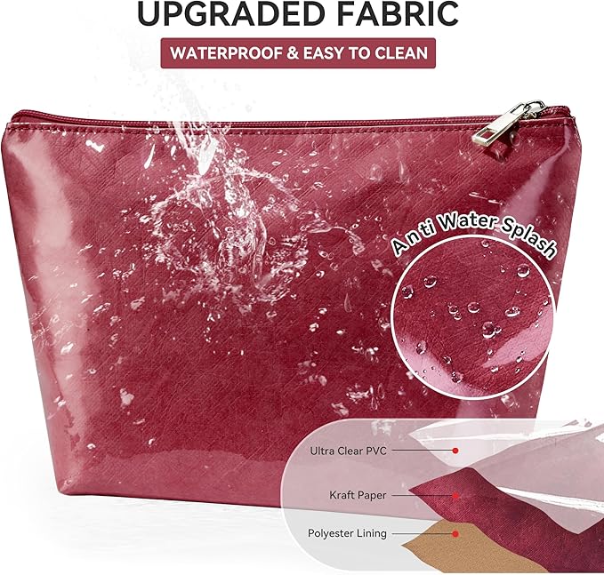 WLLWOO PVC Waterproof Makeup Bag Kraft Paper Cosmetic Bag Travel Toiletry Zipper Pouch Organizer for Women Purse