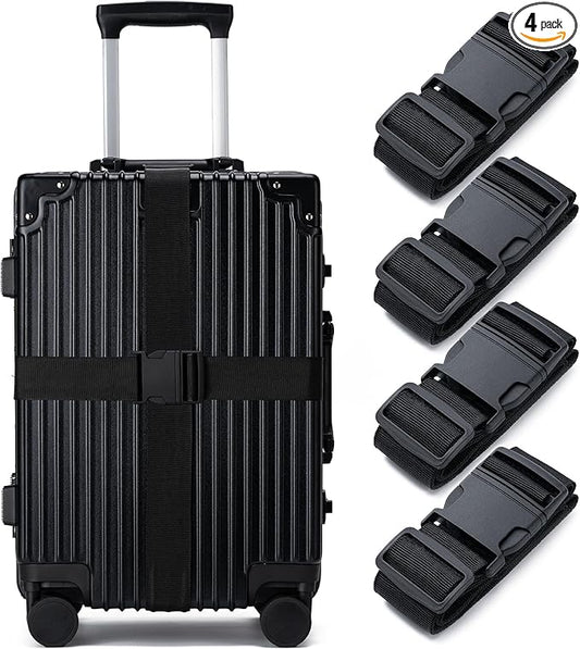 Luggage Straps for Suitcases 4 Pack, TSA Approved Travel Essentials, Luggage Strap for Travel Suitcase & Bag Closure and for Easy Identification, Travel Accessories for Safety & Convenience (Black)
